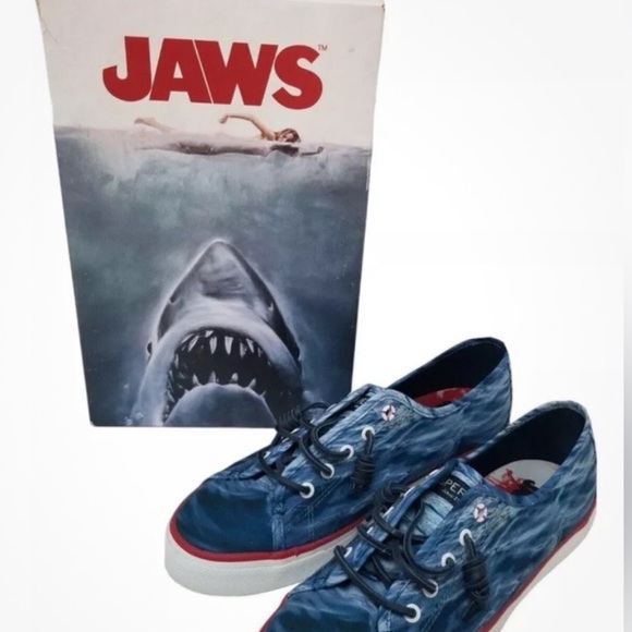 Sperry Shoes - Sperry Jaws Blue Wave Canvas Sneakers with Red Trim